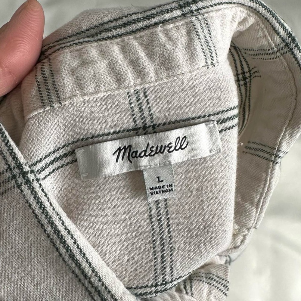 MADEWELL COTTON PLAID FLANNEL BUTTON UP SHIRT LONG SLEEVE in Cream/Green Size-L - Picture 2 of 8